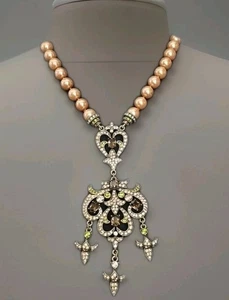 Collana dichiarazione HEIDI DAUS perle forma Y cristalli Fleur De Lis verde marrone - Foto 1 di 9