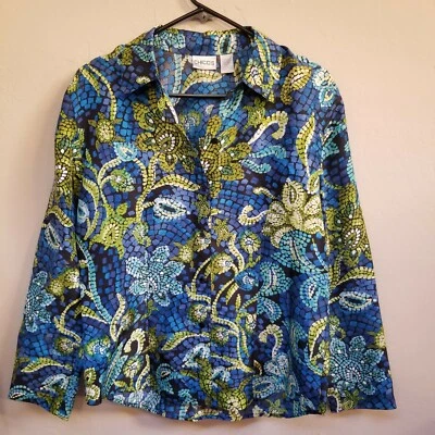 Chico's Women's Size 1 Silk Multicolor Floral Print Button Up Long Sleeve Blouse Foto 1 de 4