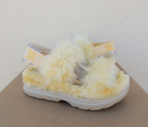 SANDALI SLIDE PANTOFOLE UGG GIALLO LANUGINE ZUCCHERO PELLICCIA SINTETICA DONNA US 9 EUR 40 ~ NUOVI