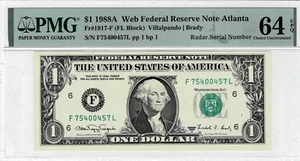 1988A $1 Federal Reserve'WEB'note--fr.1917-F-PMG 64 EPQ- Serial# 75400457-RADAR - Picture 1 of 6