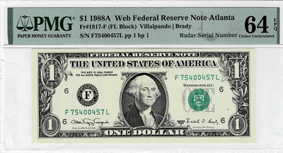 1988A $1 Federal Reserve'WEB'note--fr.1917-F-PMG 64 EPQ- Serial# 75400457-RADAR - Image 1 of 4