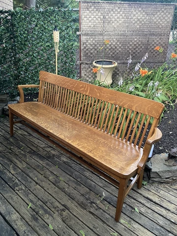 1910 Antique Tiger Oak Mission Arts & Crafts Bench Settee 1910's LARGE Scranton Cover