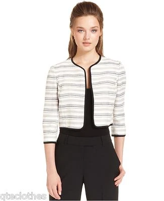 ANNE KLEIN $139 новый слоновой кости резьба в полоску 3/4 рукава укороченный куртка 16 QCO - Изображение 1 из 3