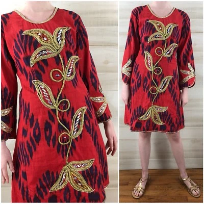 Vestido recto túnica vintage años 60 rojo dorado con joyas hippie boho cachemira S M Foto 1 de 4