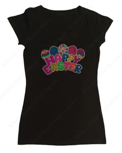 Women's Rhinestone T-Shirt " Neon Happy Easter Eggs " in S, M, L, 1X, 2X, 3X - Picture 1 of 8