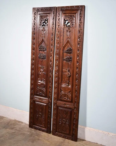 *63" Tall Pair of French Antique Doors Carved Breton Panels in Chestnut Wood Cover
