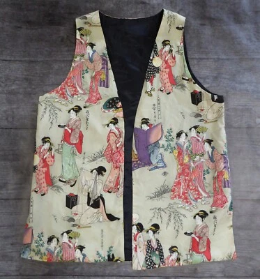 Open Vest Geisha Girl Print Duster Custom Handmade Ethnic Folk Multicolor Large - Image 1 of 4