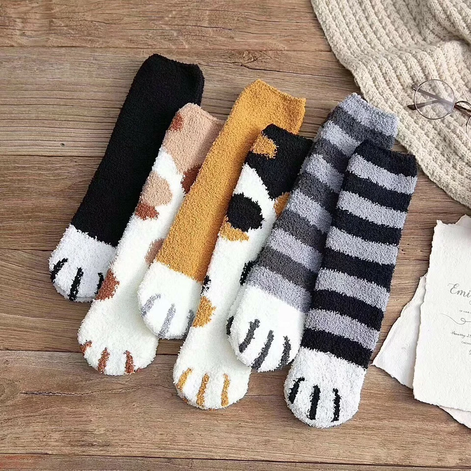 6 Pairs Warm Winter Socks Girls Kitty Cat Paws Cute Thick Warm Sleep Floor S~M - Image 1 of 4