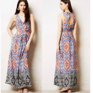 Maeve Medallion Cut Out 100% Silk Maxi DressBlue Orange Paisley Anthropologie 6 - Picture 1 of 15