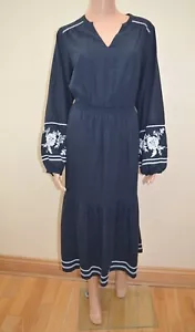 M&S Collection Linen Rich Embroidered V Neck Navy Waisted Midi Dress 10 12 16 - Picture 1 of 4