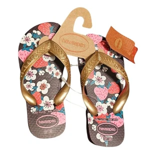 Havaianas Kids Flip Flop Thong Sandals Brown Pink Floral Strawberry USA 11/12C - Picture 1 of 5