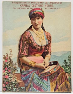 Gypsy with Tambourine Trade Card Promoting Capital Clothing House, Watertown, NY - Picture 1 of 2