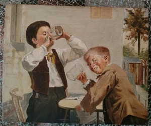 Antico Dipinto Olio Su Tavola,  XX Sec, scena" Bambini che si Dissetano" #D5# - Foto 1 di 9