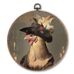 Arte de pared redondo de pollo caprichoso enmarcado, decoración de pared redonda de gallo moody oscuro,... - Imagen 1 de 7