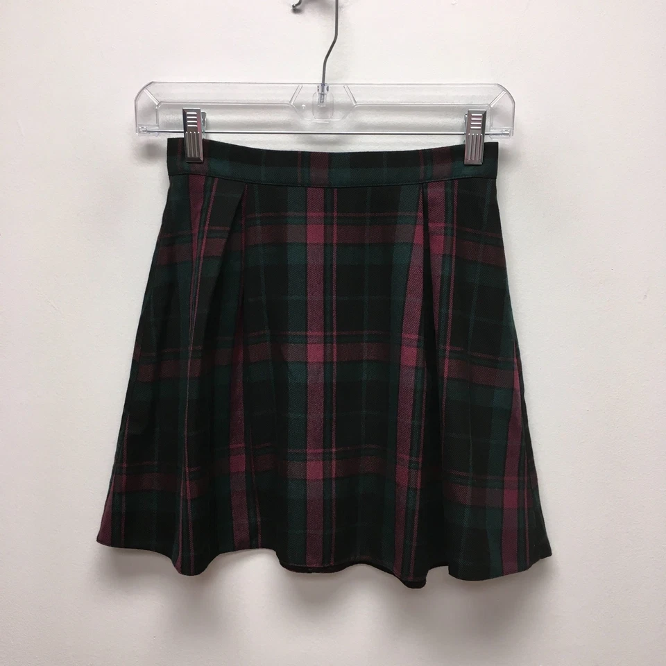 Saia Cooperativa Feminina Rosa Verde Xadrez Cintura Alta Plissada Flare Linha A XS - Imagem 1 de 4