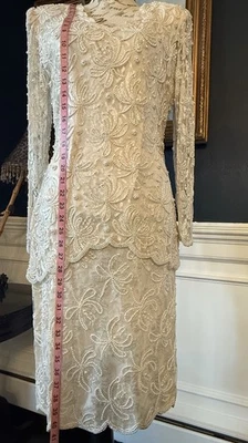 Vestido Vintage Laurence Kazar Crema Cuentas Perla Años 80 Hasta la Rodilla Damas Mediano Foto 1 de 4