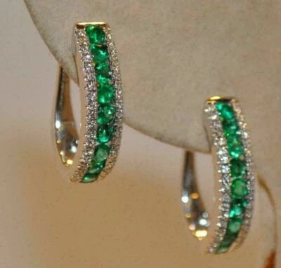 Серьги-кольца с искусственным зеленым изумрудом круглой огранки 3 карата покрытие белым золотом 14 карат - Изображение 1 из 4