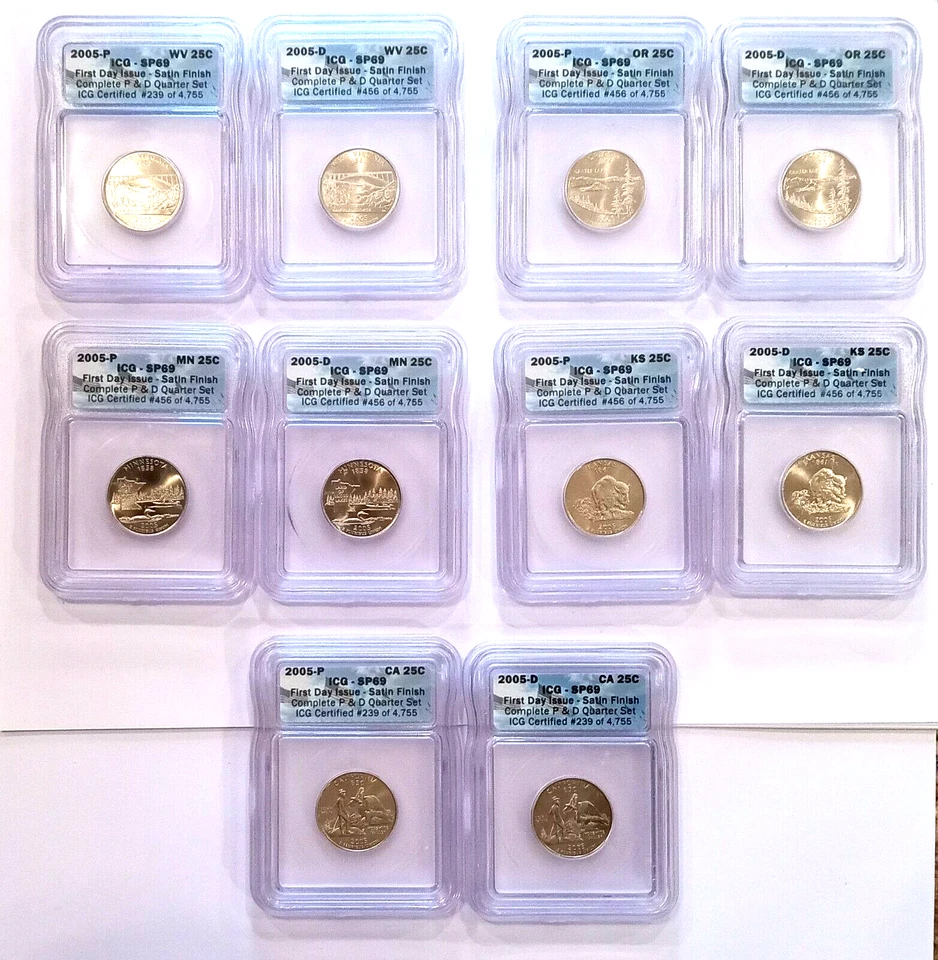 2005-P and 2005-D State Quarter Set Satin Finish ICG SP-69 (10 Coins) - Image 1 of 1
