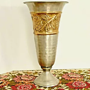 Hammered Metal Vase Gold Colored Footed Floral Design 9" Tall India - Picture 1 of 11