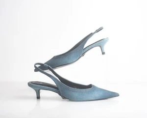 ZARA Womens Denim Kitten Heeled Slingbacks Pumps Blue EU 37 US 6.5 1229/111 NWT - Picture 1 of 8