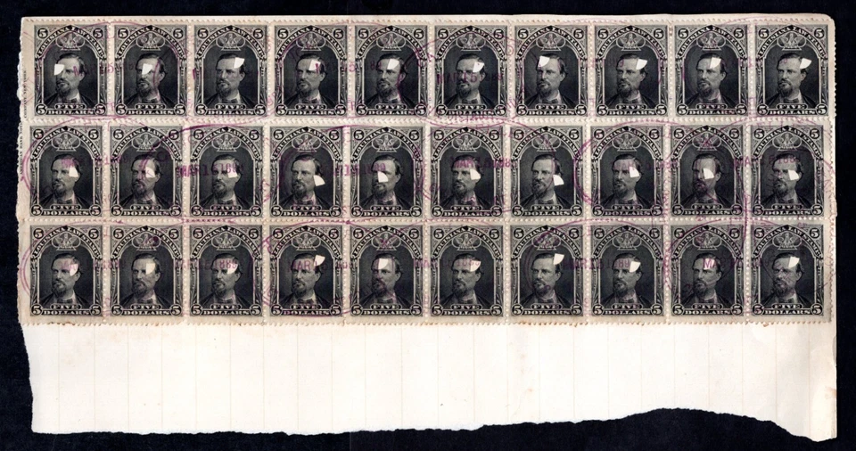 US 1889 STATE OF LOUISIANA SPECTACULAR $5.00 LAW REVENUE STAMP IN A BLOCK OF 30 - Image 1 of 1