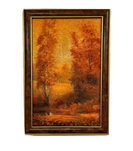 HERBSTLANDSCHAFT VINTAGE GEMÄLDE AUF LEINWAND mit baltischem Bernstein gerahmtem Wohndekor - Bild 1 von 8