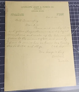 1912 Lovelock NV. Lovelock Light & Power Co. Letterhead Letter - Picture 1 of 3