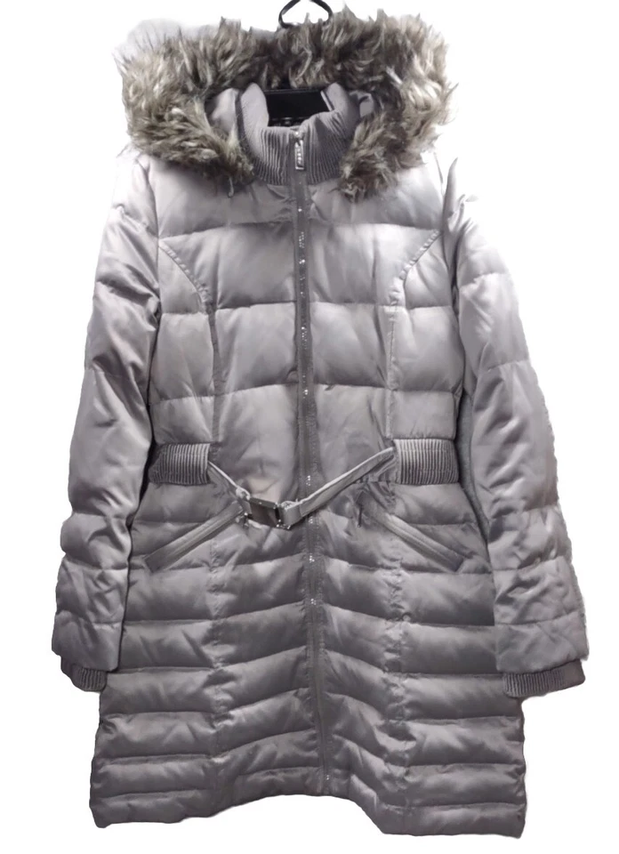 Chaqueta parka acolchada de invierno Dkny con capucha y cinturón de piel sintética ~ talla mediana Foto 1 de 4