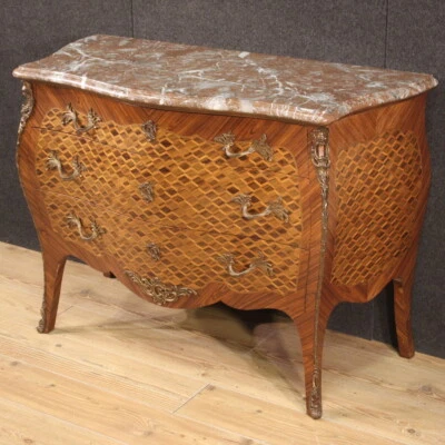 Commode ancienne de style Louis XV en marbre marqueté 20ème siècle chiffonier - Photo 1/4