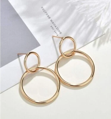 Women's Round Gold Metal Dangle Drop Decor Earrings Jewellery Wedding Party Gift - Image 1 of 2