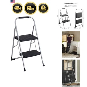 Step Stool Steel 2-Step Gray Foldable Household Ladder Lightweight Stable - Picture 1 of 10