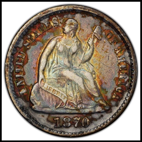 1870 LIBERTY SEATED HALF (1/2) DIME PCGS XF Details (cleaned) Stunning Color! Cover