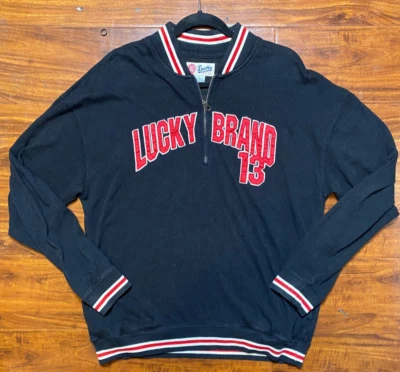 Suéter De Colección Marca Lucky Bordado "Lucky Brand 13" 1/4 Cremallera Negro/Rojo Y2K Talla L Foto 1 de 4