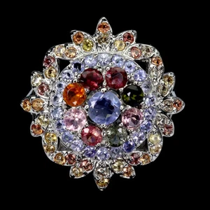 925 Anello Argento Sterling Rotondo Tanzanite Zaffiro Tormalina Gemma Gioielli - Foto 1 di 13