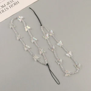 Phone Strap Bracelet Transparent Crystal Butterflies Beads Hanging Cord - Photo 1/10