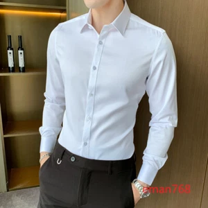 Men's Faux Silk Long-Sleeved Shirt Button Down Business Dress Shirts Formal Tops - Picture 1 of 18