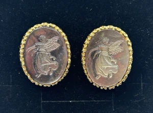 VTG Carved Abalone Shell Gold-Tone Angel Cameo Stud Earrings - Picture 1 of 4