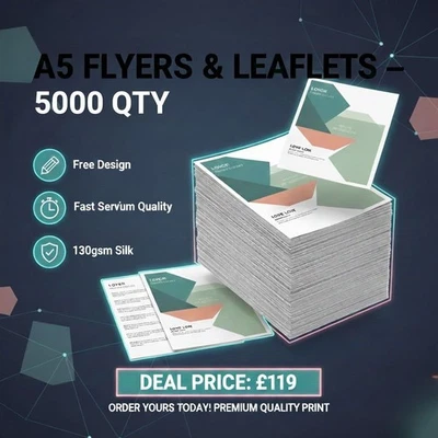  A5 FLYERS LEAFLETS X 5000 UK | FREE Design & Fast | 130gsm Premium Quality  - Image 1 of 4