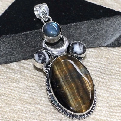 Moon Tiger Eye White Buffalo Turquoise 925 Silver Plated Pendant 3" JW - Image 1 of 3