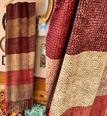 Restoration Hardware 70" by 50" Plaid Chenille Fringed Throw Blanket red gold - Image 1 of 4