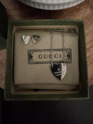 Gucci Trademark Heart Necklace Sterling Silver 925 + Matching Stud Earrings - Image 1 of 4