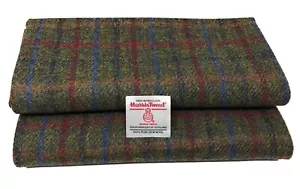 Harris Tweed Green Fabric With Red Blue Overcheck and Authenticity Labels - Picture 1 of 8