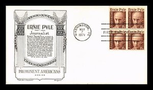 US COVER ERNIE PYLE 16C PROMINENT AMERICANS FDC BLOCK LOWRY ARISTOCRAT CACHET