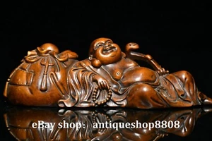 6" Chinese Boxwood wood Carved Happy Laugh Maitreya Buddha Money Bag Ruyi Statue - Picture 1 of 9