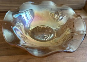 Jeanette Iris & Herringbone Ruffled Bowl Carnival Glass FloraGold 9.5” - Picture 1 of 7