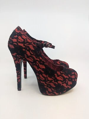 Zapatos de tacón de aguja Bordello talla 10 rojo satinado negro plataforma encaje Foto 1 de 4