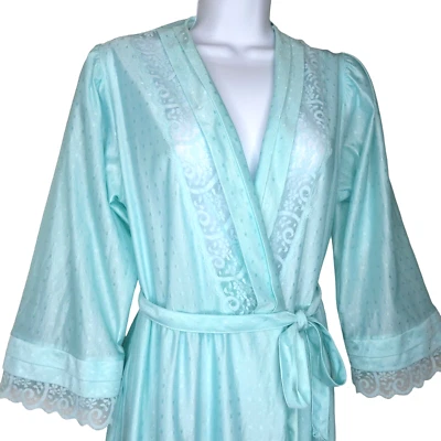 Vintage 60s Gilead Full Length Sweeping Dressing Gown Robe Blue Nylon Lace Small - Image 1 of 4
