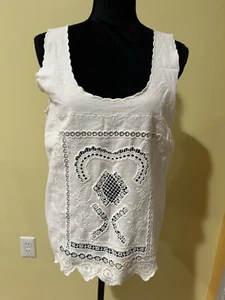 Ladies Mango Sustainable Cotton Embroidered Front Sleeveless Top M Ivory India  - Picture 1 of 10