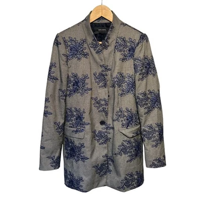 Zara Cuadros Floral Abrigo Bordado Beige Azul Talla Grande para Mujer Foto 1 de 4