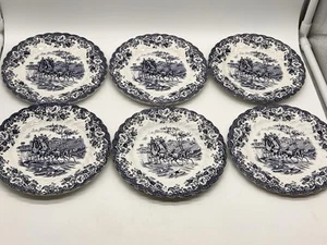 JOHNSON BROTHERS BLUE COACHING SCENES STOKE-ON-TRENT 6 1/4" PLATES Set of 6 - Picture 1 of 8